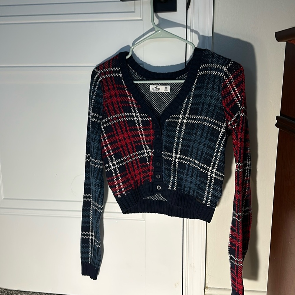 Hollister Navy, Red & White Plaid Cropped Cardigan